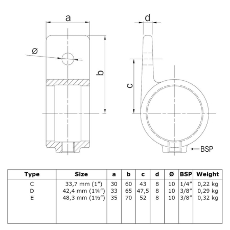 Enkele bevestigingslip uitwendig Ø 33,7 mm