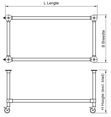 Steigerbuis onderstel tafel uit buis Ø 42,4 mm zwenkwielen