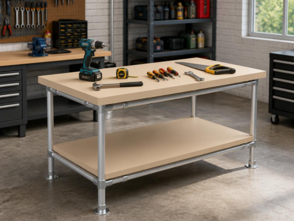 Werktafel onderstel met onder-etage uit gegalvaniseerd buis Ø 42,4 mm