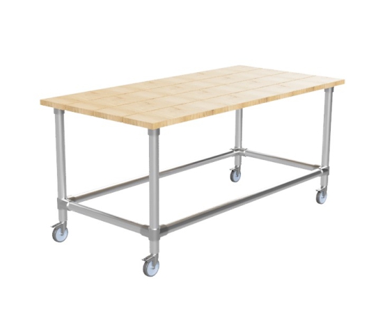 Steigerbuis onderstel tafel met onder-etage uit buis Ø 42,4 mm zwenkwielen