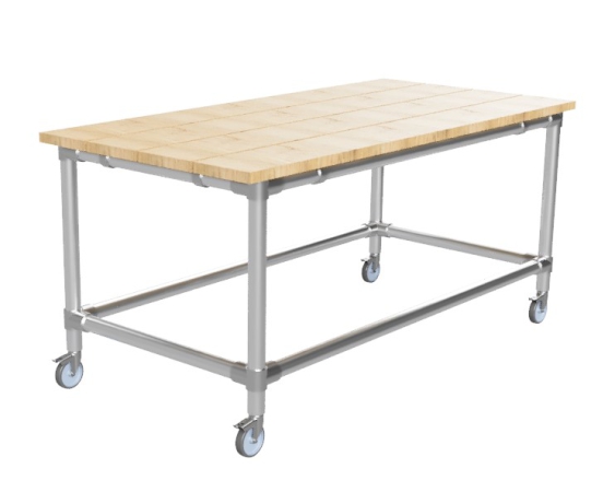 Werktafel onderstel met onder-etage uit gegalvaniseerde buis Ø 48,3 mm zwenkwielen