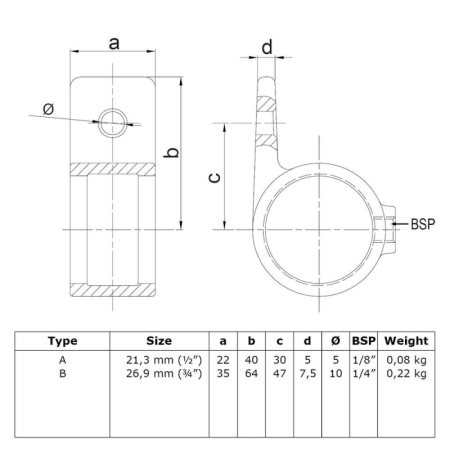 Enkele bevestigingslip uitwendig Ø 21,3 mm