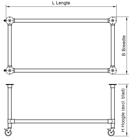 Zwarte steigerbuis onderstel tafel uit buis Ø 33,7 mm zwenkwielen Ø 75 mm