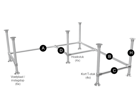 Steigerbuis onderstel hoektafel uit buis Ø 33,7 mm voor zelfdragend blad met extra staanders