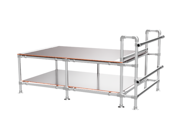 Inpaktafel 1,25 x 3,75 m voor lange producten met 2 etages en 2 foliehouders - buis Ø 33,7 mm