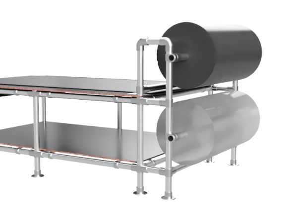 Inpaktafel 1,25 x 3,75 m voor lange producten met 2 etages en 2 foliehouders - buis Ø 33,7 mm