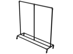 Kledingrek uit zwarte steigerbuis Ø 26,9 mm met zwenkwielen Ø 75 mm