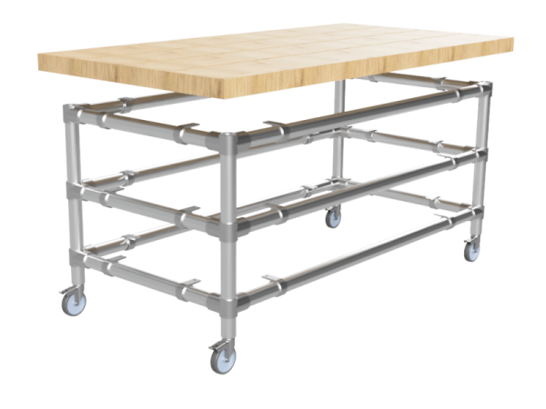 Werktafel onderstel met 2 onder-etages uit gegalvaniseerde buis Ø 42,4 mm zwenkwielen