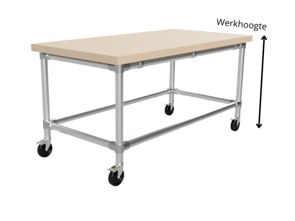 Werktafel 2,44 x 1,22 m - Multiplex werkblad 40 mm - gegalvaniseerd onderstel Ø 33,7 mm - wielen Ø 80 mm