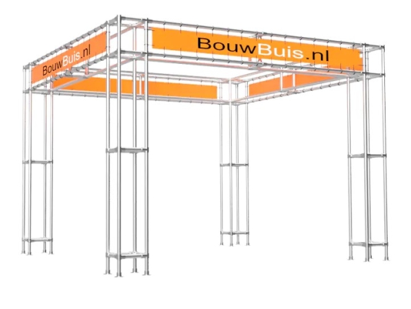 Ligger beursstand modulair op maat uit buis Ø 33,7 mm aluminium