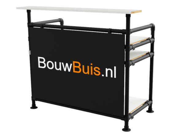 Balie bar stand zwart inclusief 3 werkbladen (zonder reclamebord of spandoekframe) uit buis Ø 33 mm aluminium