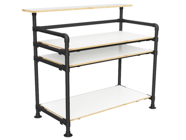 Balie bar stand zwart inclusief 3 werkbladen (zonder reclamebord of spandoekframe) uit buis Ø 33 mm aluminium