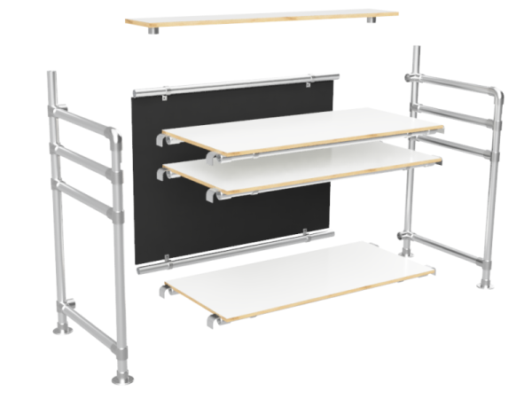 Balie bar stand zwart inclusief 3 werkbladen (zonder reclamebord of spandoekframe) uit buis Ø 33 mm aluminium