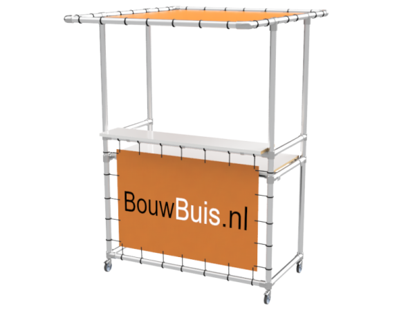 Balie bar stand inclusief 1 werkblad (zonder reclamebord of spandoekframe) uit steigerbuis Ø 26,9 mm en wielen