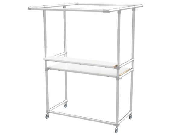 Balie bar stand inclusief 1 werkblad (zonder reclamebord of spandoekframe) uit steigerbuis Ø 26,9 mm en wielen