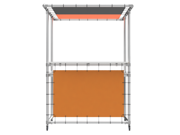 Balie bar stand inclusief 1 werkblad (zonder reclamebord of spandoekframe) uit steigerbuis Ø 26,9 mm en wielen