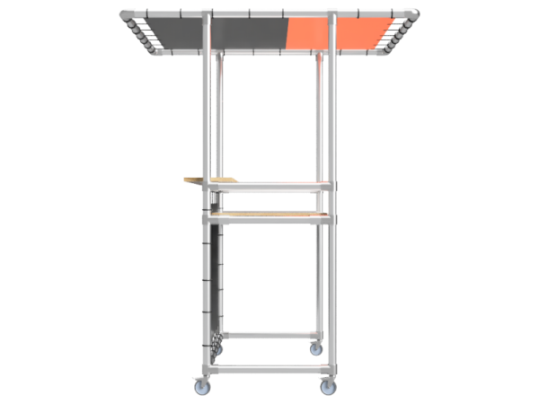 Balie bar stand inclusief 1 werkblad (zonder reclamebord of spandoekframe) uit steigerbuis Ø 26,9 mm en wielen