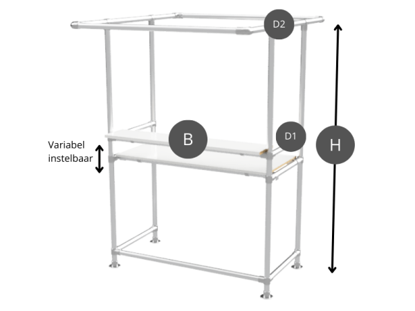 Balie bar stand inclusief 1 werkblad (zonder reclamebord of spandoekframe) uit steigerbuis Ø 26,9 mm en wielen
