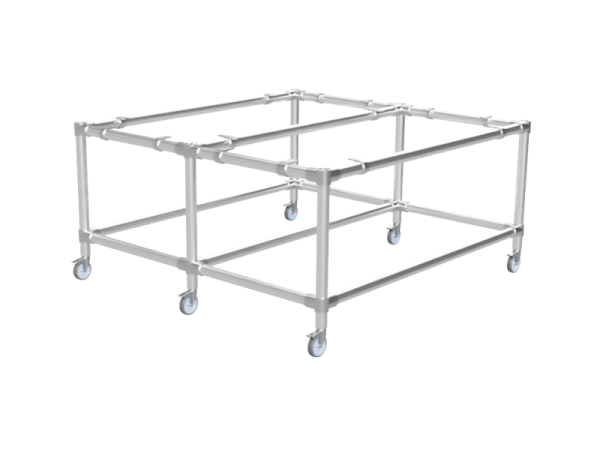 Werktafel onderstel met onder-etage uit gegalvaniseerde buis 48,3 mm zwenkwielen Ø 75 mm