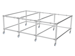 Werktafel onderstel met onder-etage uit gegalvaniseerde buis 48,3 mm zwenkwielen Ø 75 mm