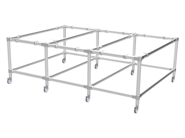 Werktafel onderstel met onder-etage uit gegalvaniseerde buis 48,3 mm zwenkwielen Ø 75 mm