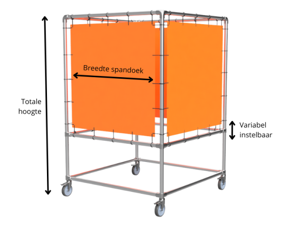 Spandoek frame cube verhoogd (zonder spandoek) uit aluminium buis Ø 42,4 mm en wielen Ø 75 mm