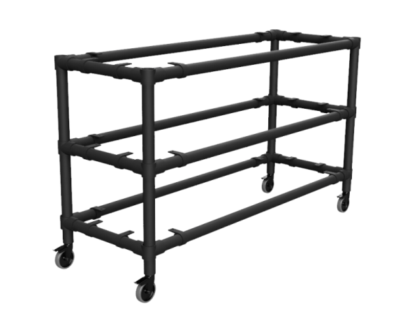 Zwarte steigerbuis tafel onderstel Ø 33,7 mm met zwenkwielen 3 etages