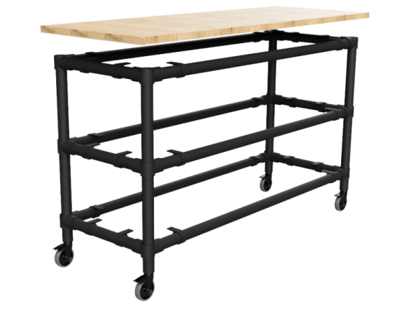 Zwarte steigerbuis tafel onderstel Ø 33,7 mm met zwenkwielen 3 etages