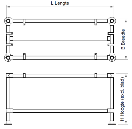 Zwarte steigerbuis tafel onderstel Ø 33,7 mm met zwenkwielen 3 etages