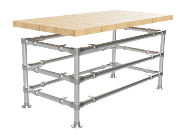 Werktafel onderstel met 2 onder-etages uit gegalvaniseerde buis Ø 33,7 mm