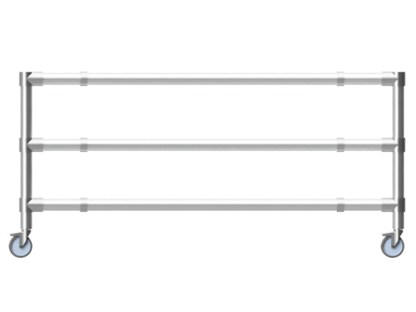 Werktafel onderstel met 2 onder-etages uit gegalvaniseerde buis Ø 33,7 mm zwenkwielen