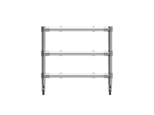 Werktafel onderstel met 2 onder-etages uit gegalvaniseerde buis Ø 33,7 mm zwenkwielen