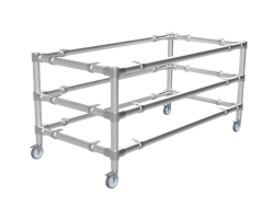Werktafel onderstel met 2 onder-etages uit gegalvaniseerde buis Ø 33,7 mm zwenkwielen