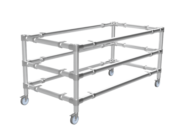 Werktafel onderstel met 2 onder-etages uit gegalvaniseerde buis Ø 33,7 mm zwenkwielen