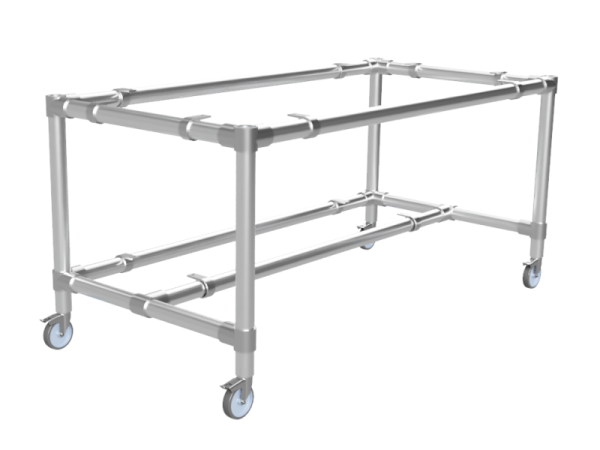 Steigerbuis onderstel tafel uit buis Ø 48,3 mm met onder-etage en zwenkwielen Ø 100 mm