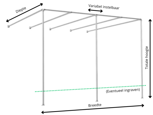 Muur pergola steigerbuis Ø 48,3 mm met schaduwdoekbuizen en tussenstaander