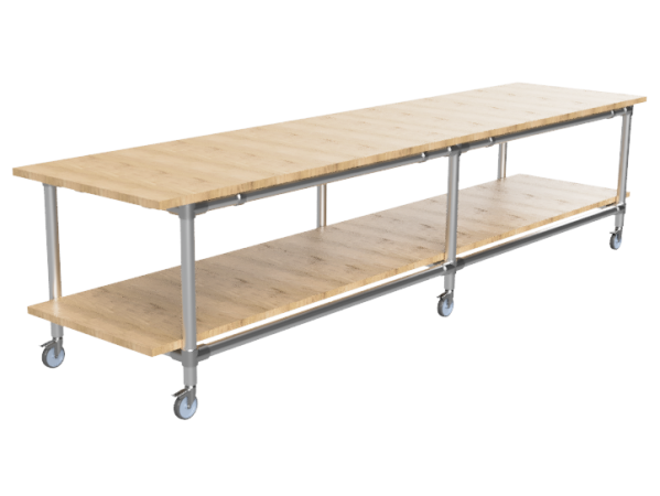 Werktafel onderstel lang met onder-etage uit gegalvaniseerde buis Ø 42,4 mm met zwenkwielen