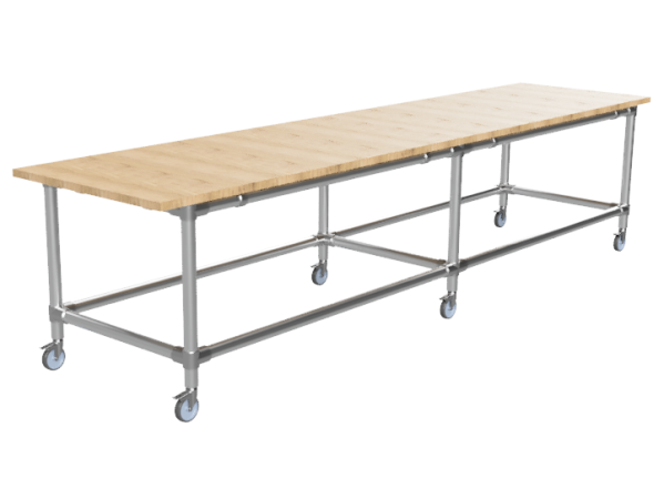 Werktafel onderstel lang met onder-etage uit gegalvaniseerde buis Ø 42,4 mm met zwenkwielen