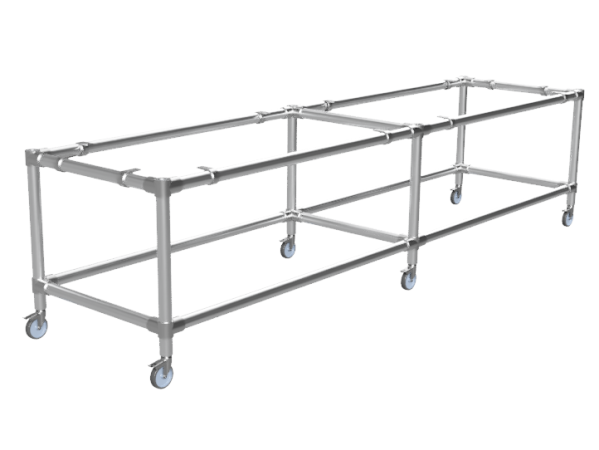 Werktafel onderstel lang met onder-etage uit gegalvaniseerde buis Ø 42,4 mm met zwenkwielen