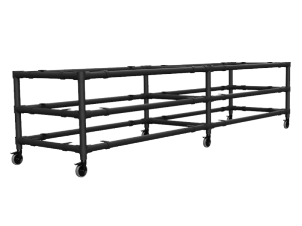 Werktafel onderstel lang met 3 etage uit zwarte buis Ø 33,7 mm en zwenkwielen