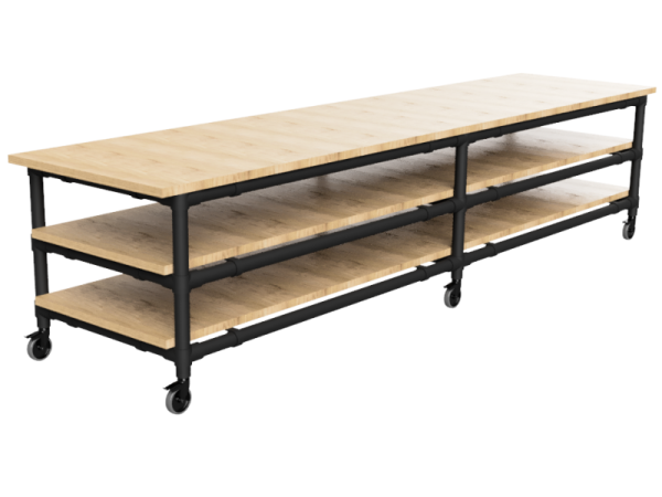 Werktafel onderstel lang met 3 etage uit zwarte buis Ø 33,7 mm en zwenkwielen