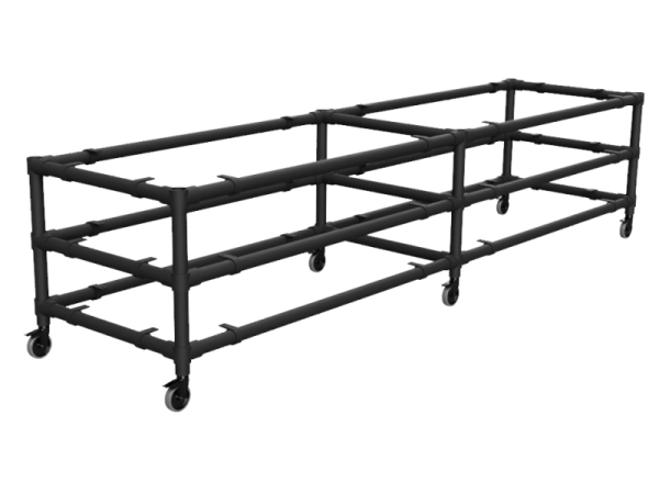 Werktafel onderstel lang met 3 etage uit zwarte buis Ø 33,7 mm en zwenkwielen