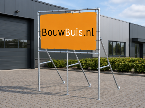 Vrijstaand Spandoekframe (zonder spandoek) met 3 schoren uit steigerbuis Ø 48,3 mm