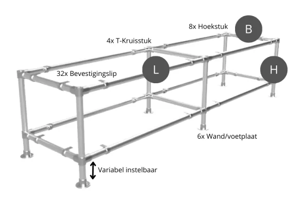 Werktafel onderstel lang met onder-etage uit gegalvaniseerde buis Ø 42,4 mm
