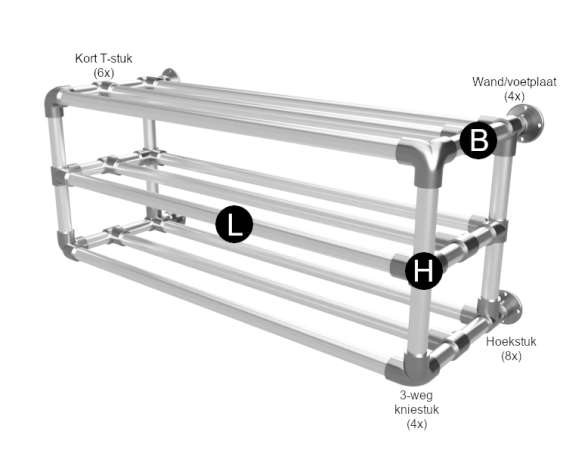 Steigerbuis schoenenrek op maat uit buis 26,9 mm hangend 3 etages