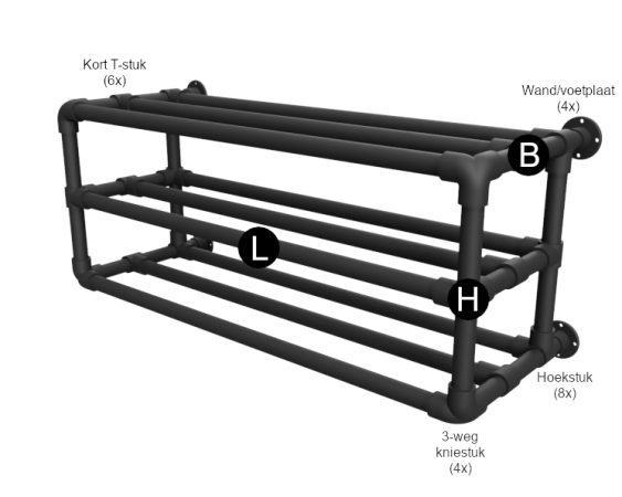 Steigerbuis schoenenrek op maat uit buis 26,9 mm hangend 3 etages zwart