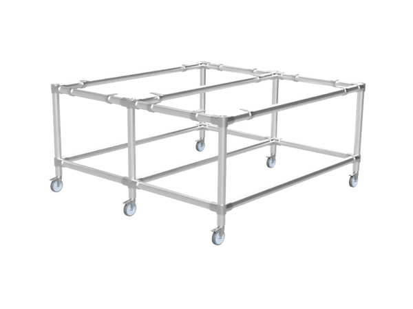 Werktafel onderstel met onder-etage uit gegalvaniseerde buis 33,7 mm zwenkwielen Ø 75 mm