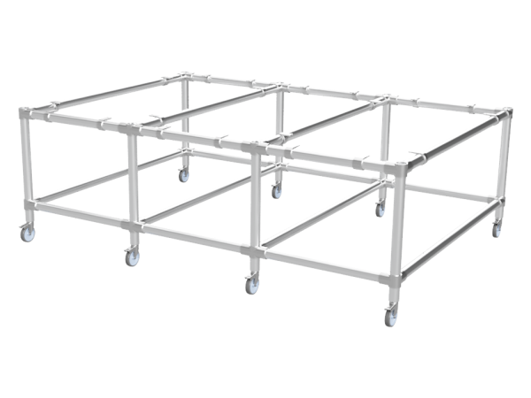 Werktafel onderstel met onder-etage uit gegalvaniseerde buis 33,7 mm zwenkwielen Ø 75 mm