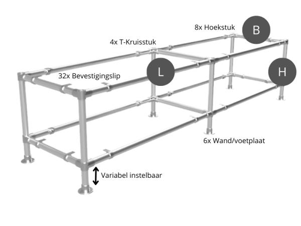 Werktafel onderstel lang met onder-etage uit zwarte buis Ø 42,4 mm