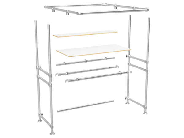 Balie bar stand inclusief 1 werkblad (zonder reclamebord of spandoekframe) uit steigerbuis Ø 26,9 mm en wielen